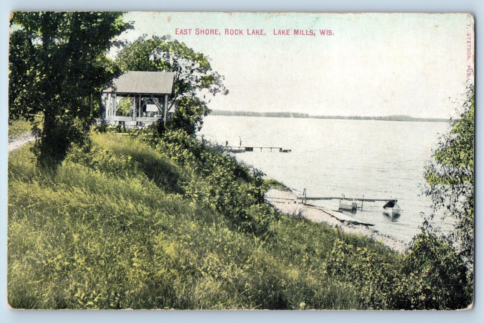 Lake Mills Wisconsin WI Postcard East Shore Rock Lake Trees Boat 1910 Vintage
