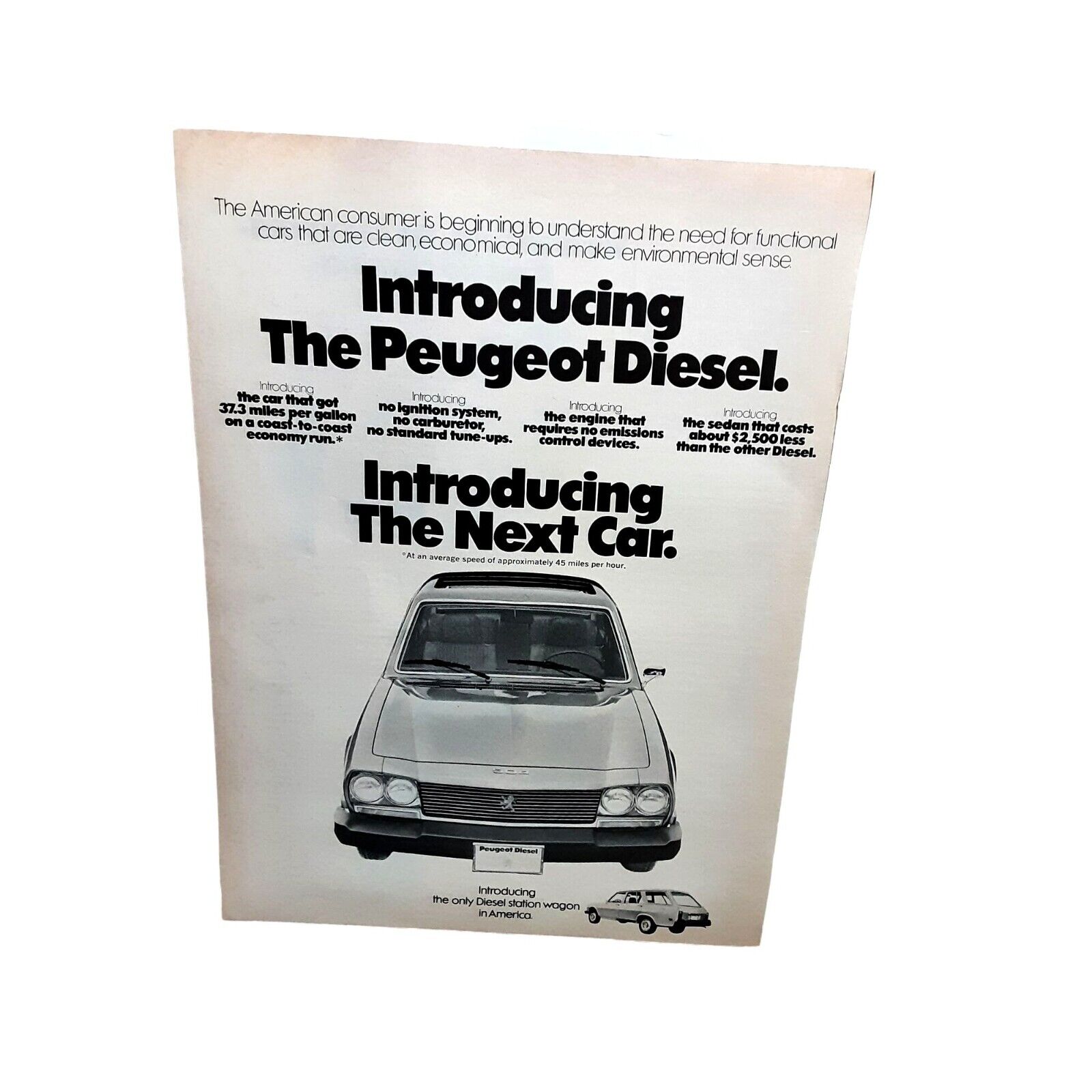 1974 1975 Peugeot Diesel Station Wagon with dealer sheet Original Print ad 70s