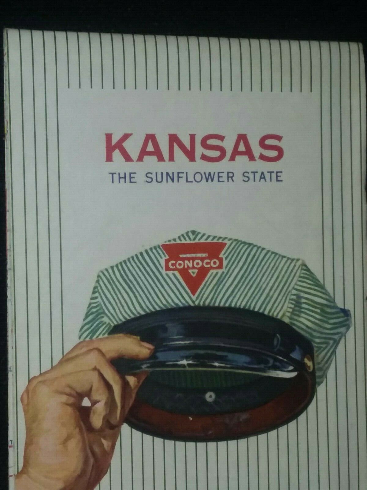 NP-063 Kansas State Conoco Service Gas Station Map Hat Branding Iron Illust 