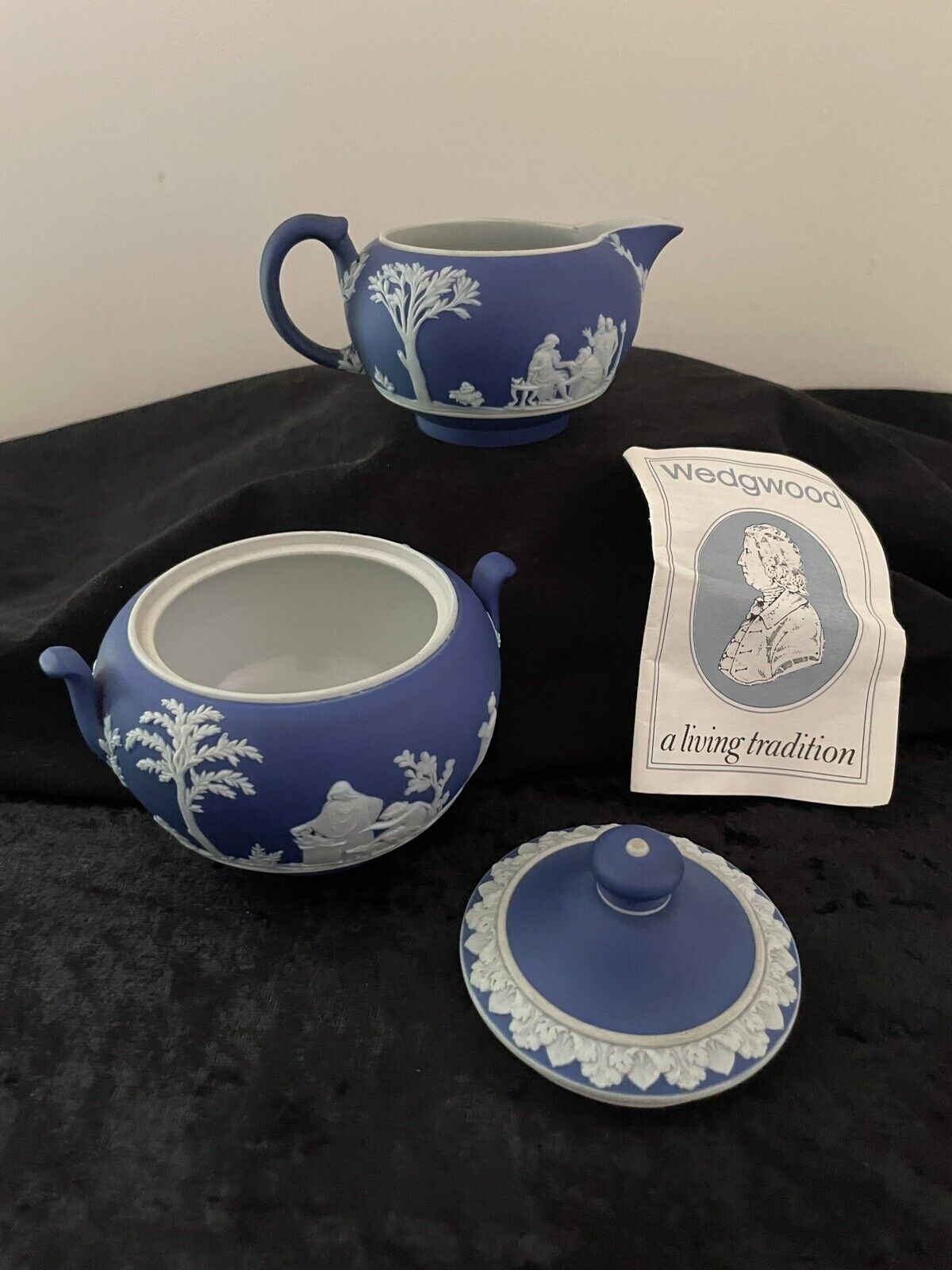 Wedgwood Jasperware Portland Blue Neoclassical Creamer and Sugar Bowl ENGLAND
