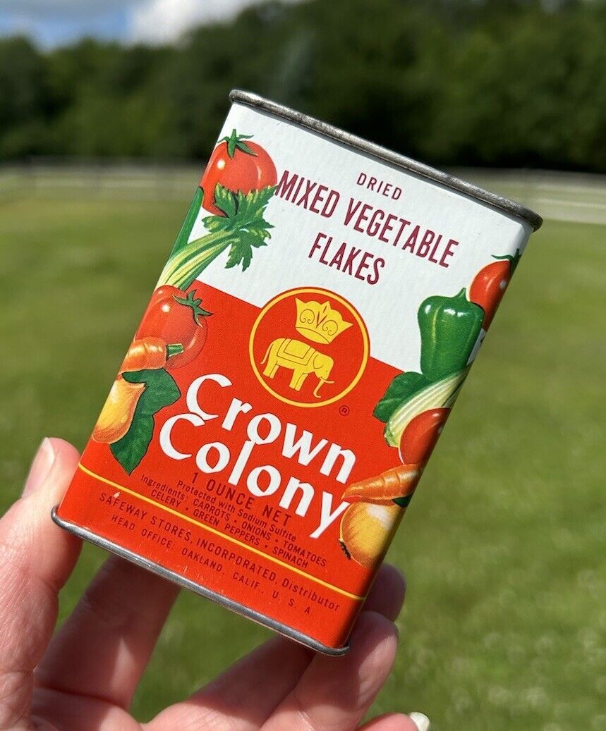 Vintage Crown Colony Dried Mixed Vegetables Flakes Spice Tin Can - Pry Lid 1 oz.