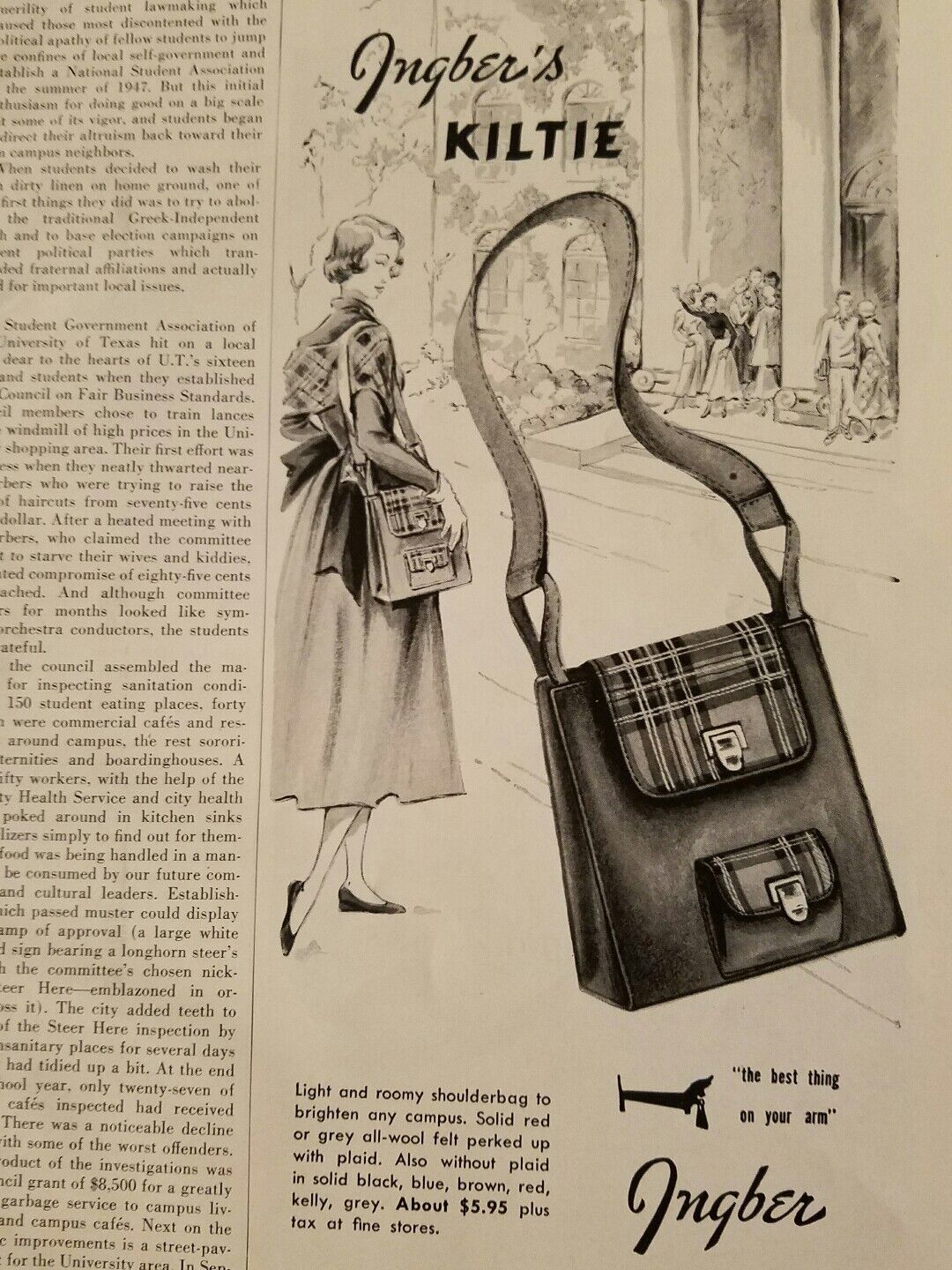 1949 women\'s INGBER KILTIE plaid trim handbag purse vintage fashion ad