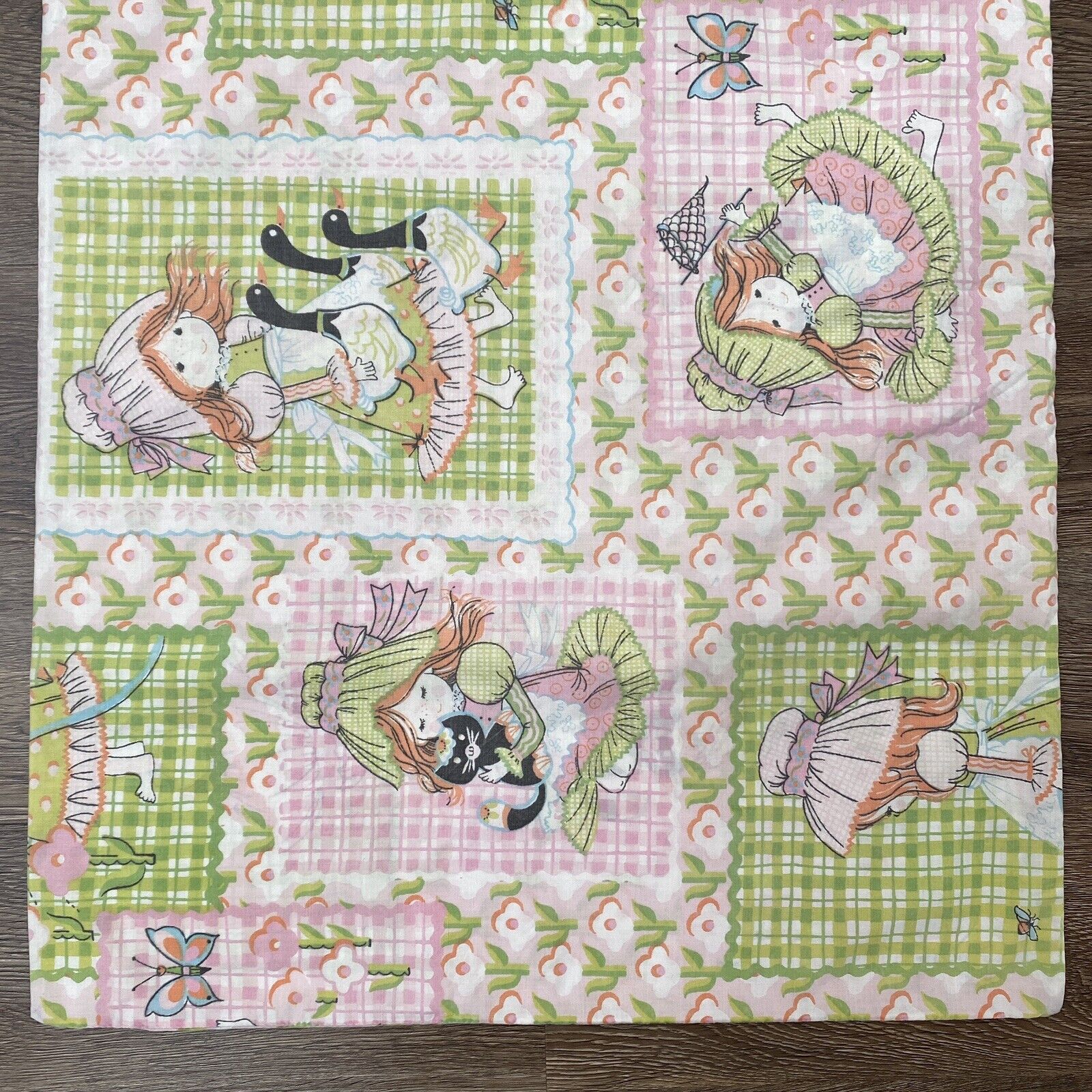 Vintage Holly Hobbie Katie\'s Patchwork Pillowcase Green Pink Faded