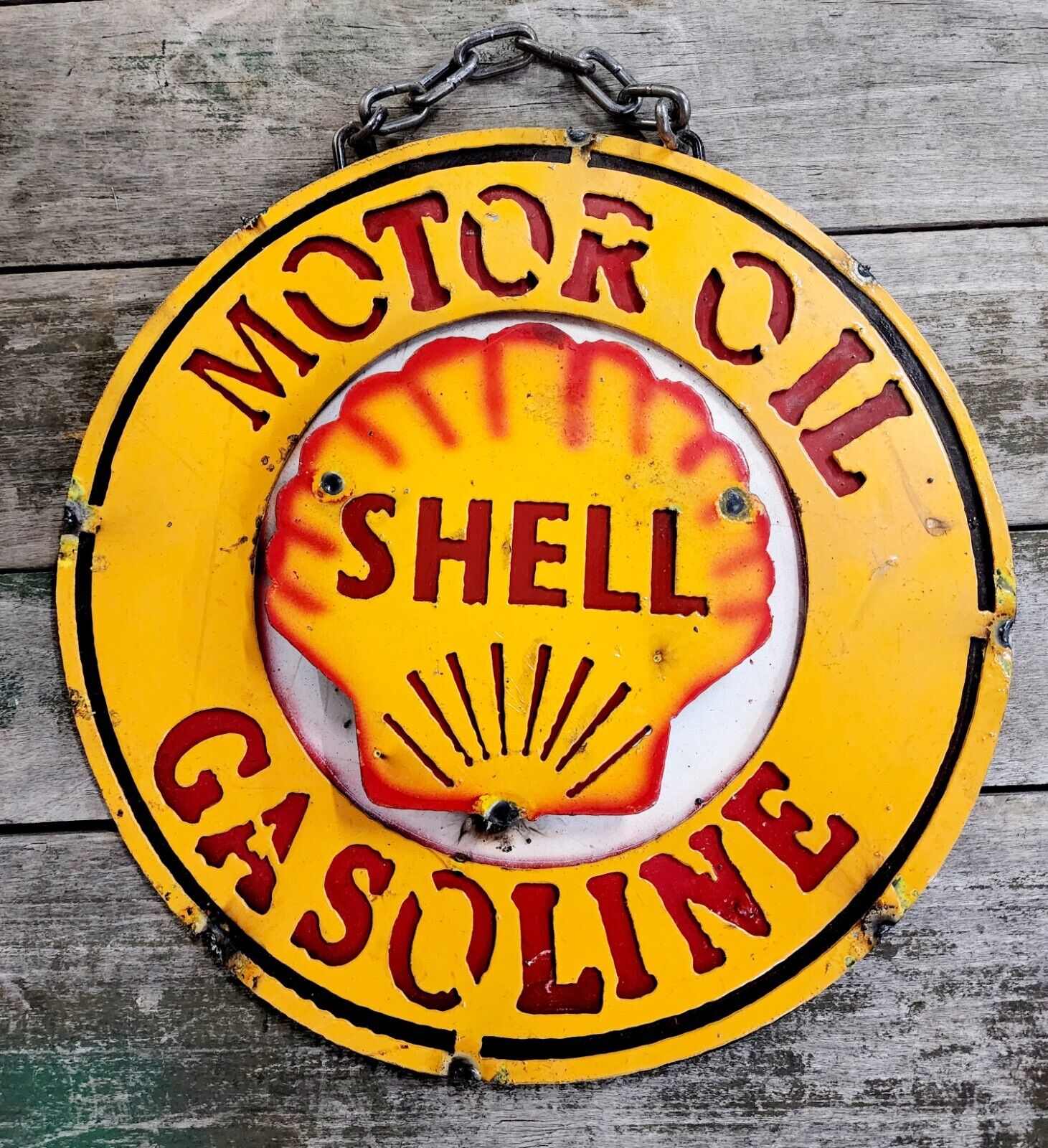 Metal SHELL GASOLINE Sign Gas Motor Oil Garage Man Cave Home Decor Recycled 