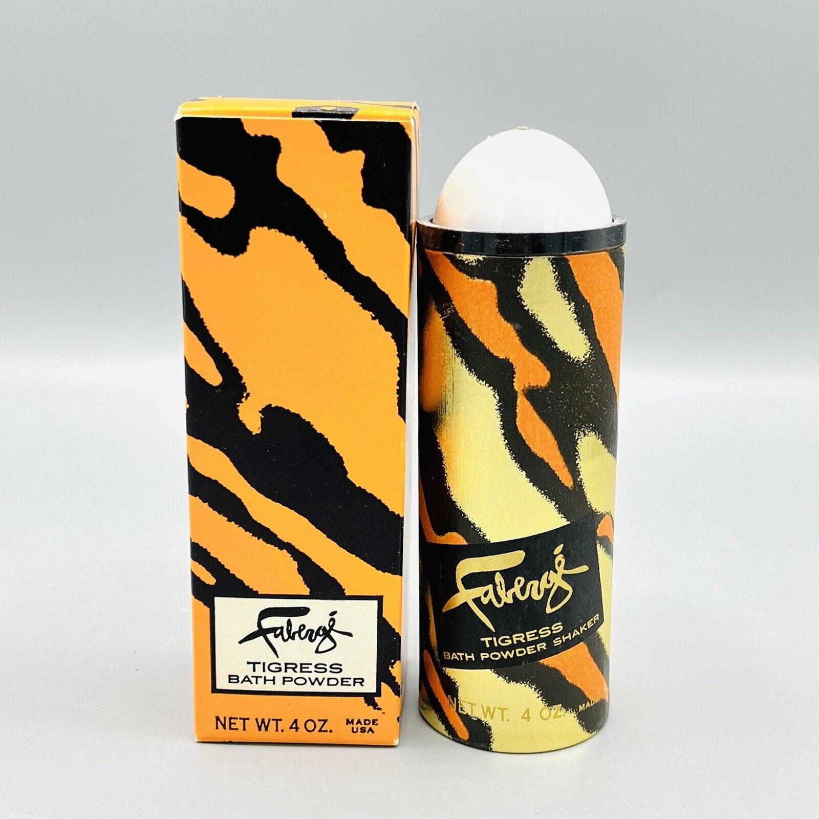 VTG FABERGE TIGRESS Bath Powder Shaker 4 Oz Scented Perfume Body Full With Box
