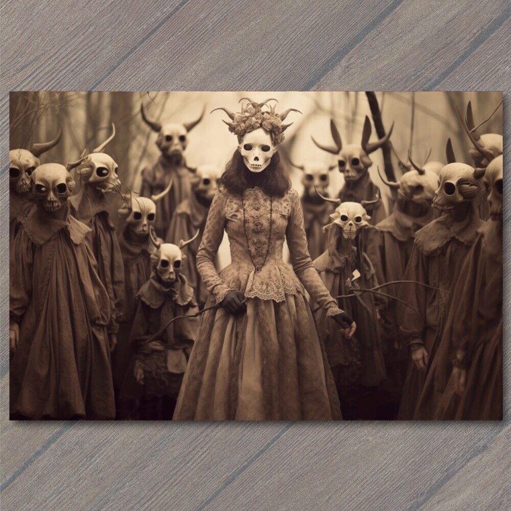 POSTCARD Weird Creepy Woman Mask Cult Horns Woods Halloween Unusual Strange