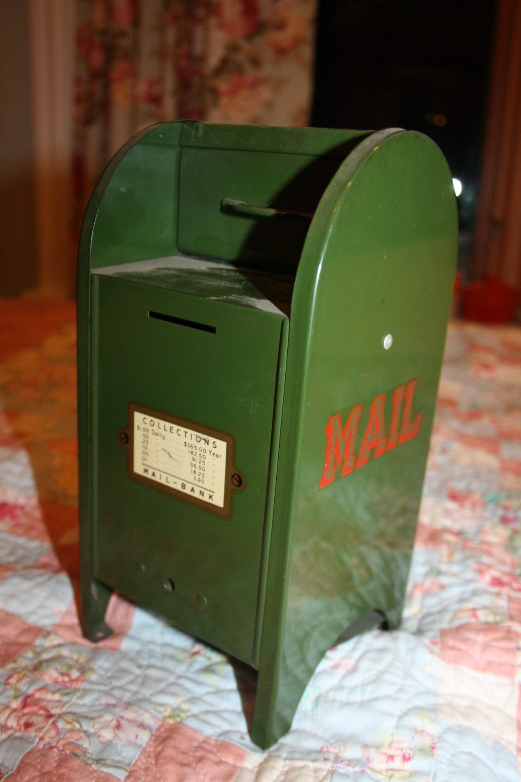 Vintage Steel All-American Mail Box Bank USA Pat Pend. w/COINS Post Office Green
