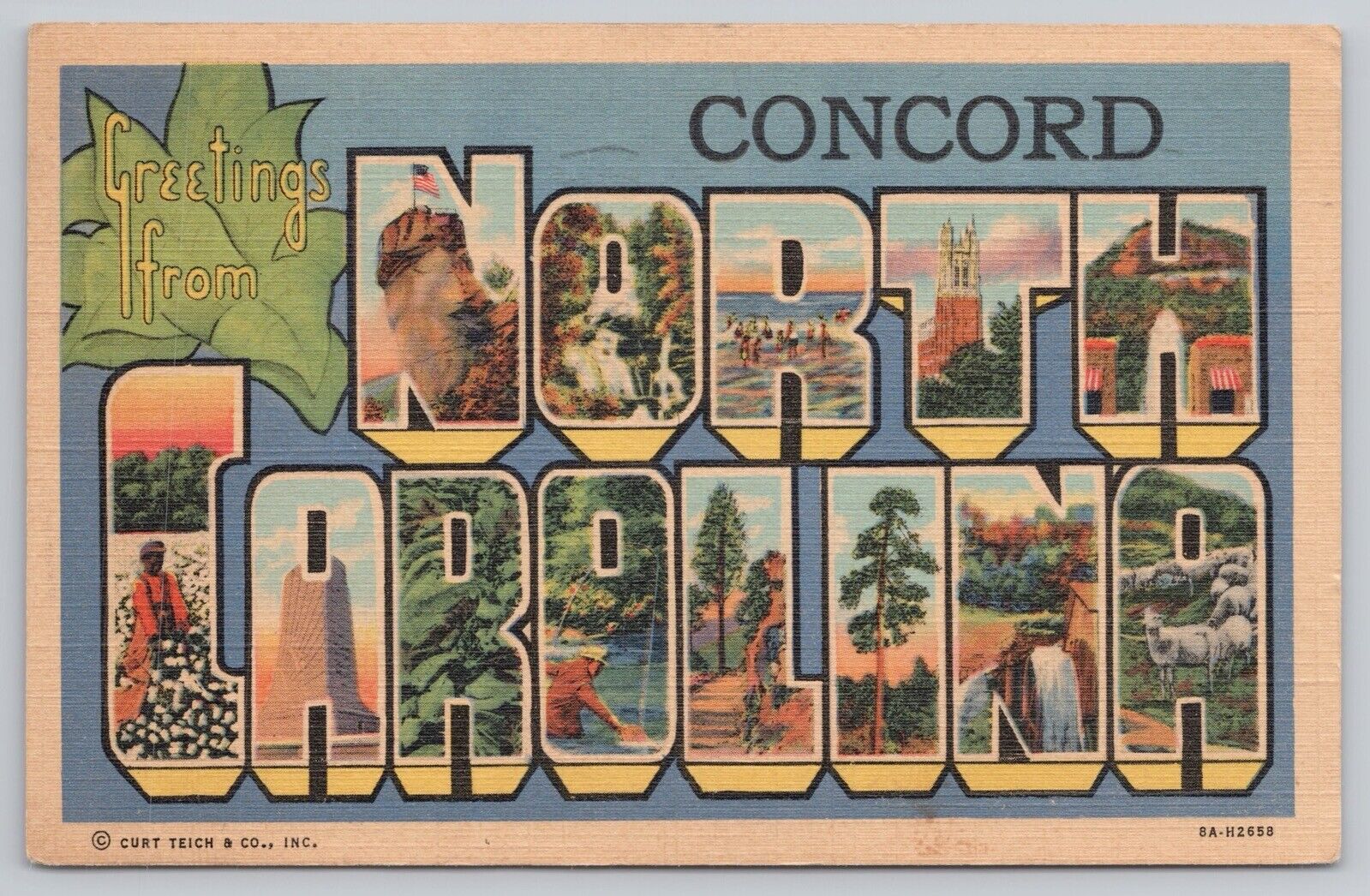 Greetings Concord North Carolina NC Large Letter Linen Postcard Vtg Posted 1944