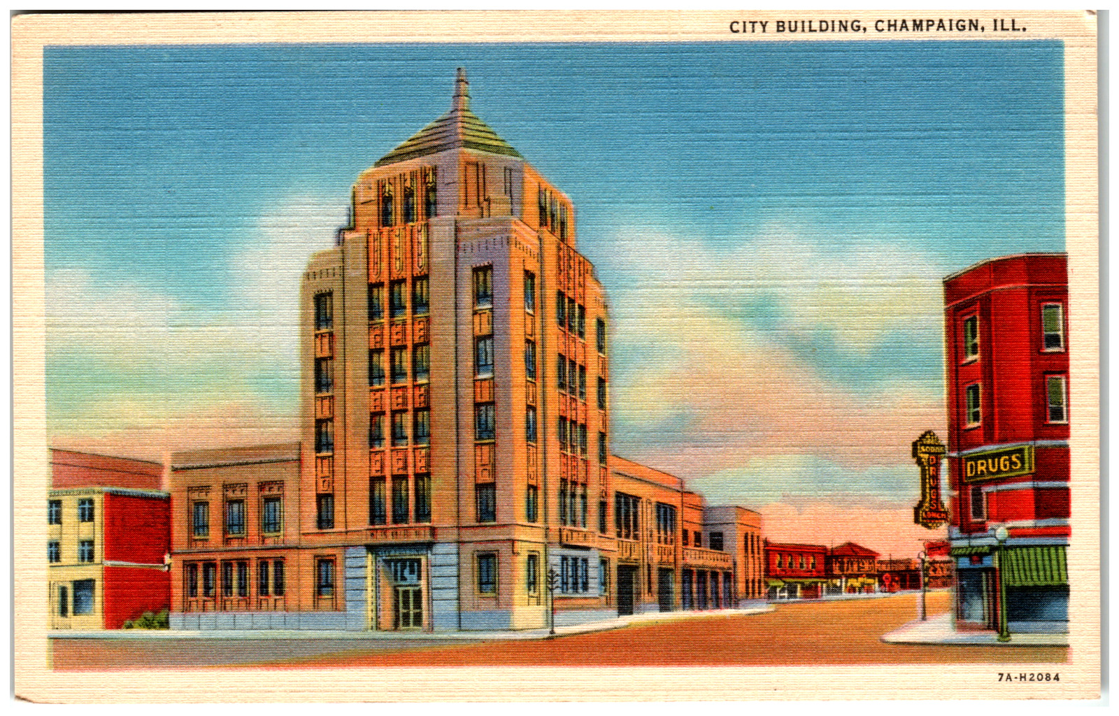 Postcard Linen City Building Champaign, IL Corner Drug Store