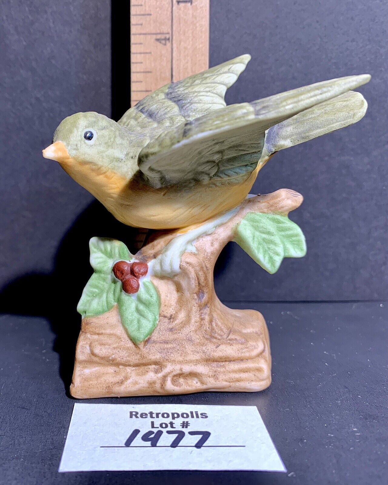  Vintage Hand Painted Green and Yellow Bird Figurine by Ardalt 