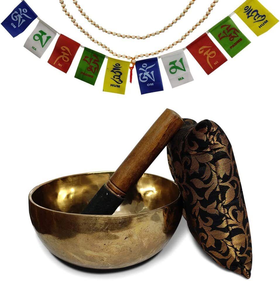 Hand Crafted Tibetan 6 Inch Singing Bowl with Flag, Potli , Tulsi Beads, Mallet