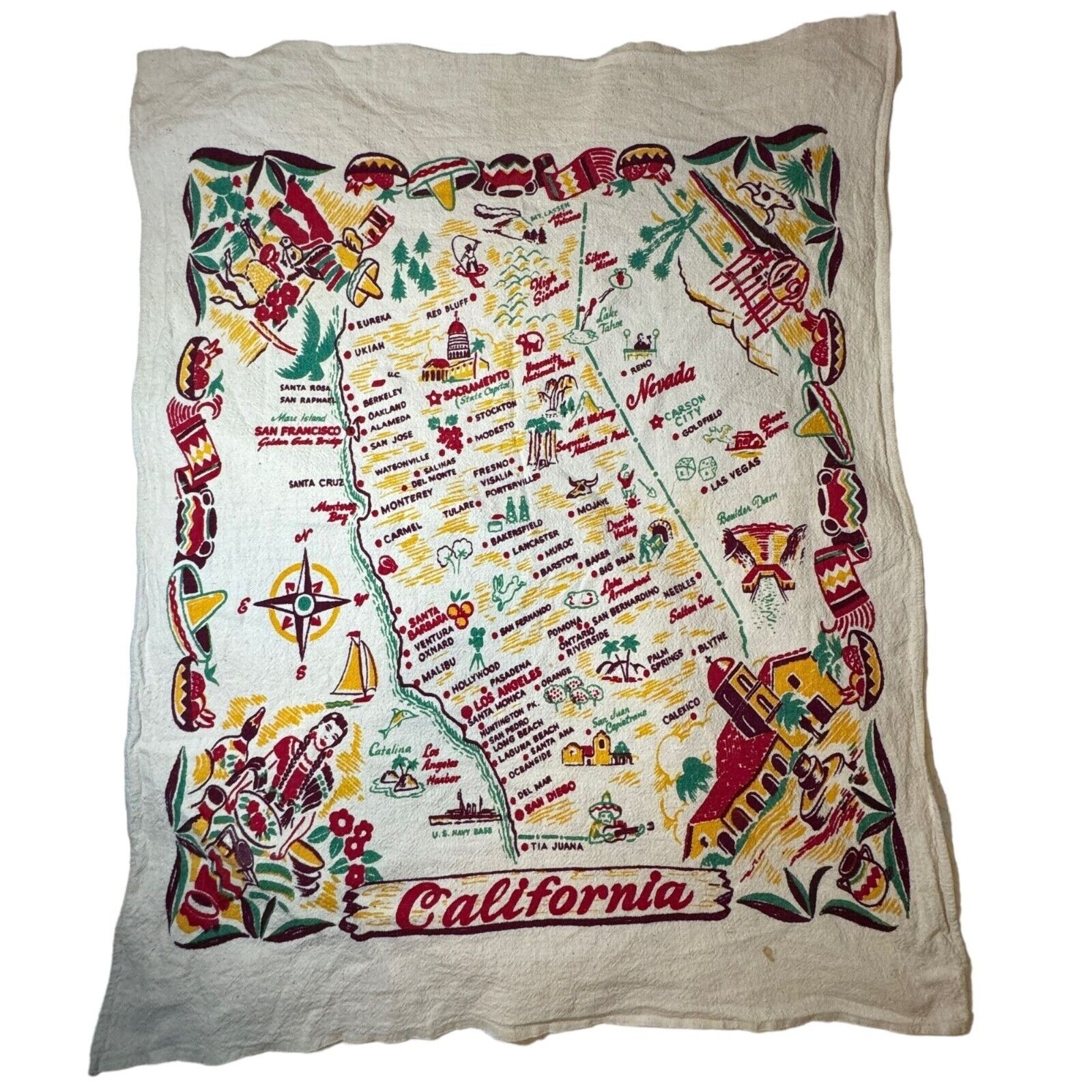Vintage 1940s 1950s California Map Tablecloth