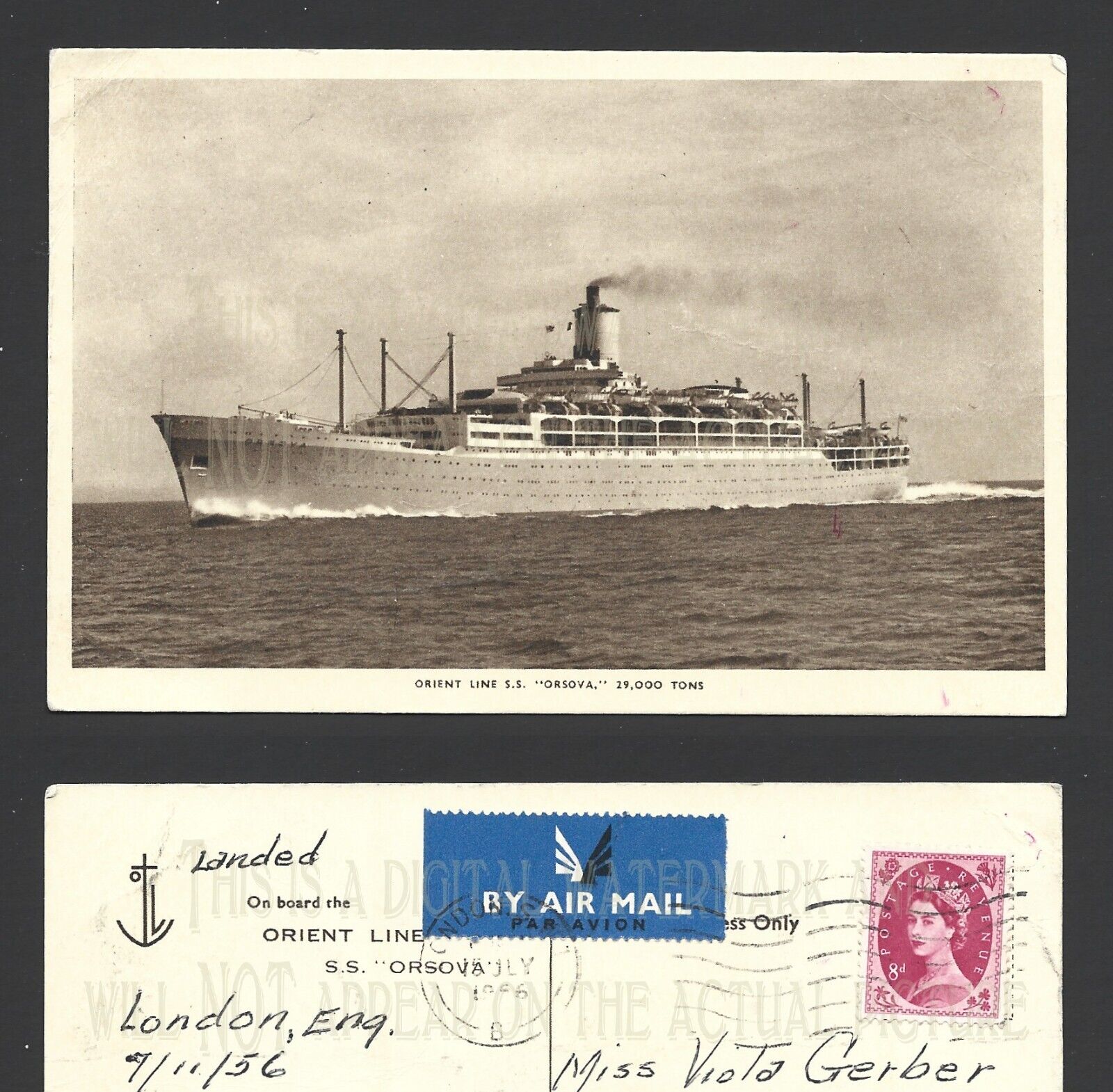 Orient Line SS Orsova UK 1956 RPPC Postcard Queen Elizabeth 8d Revenue Stamp