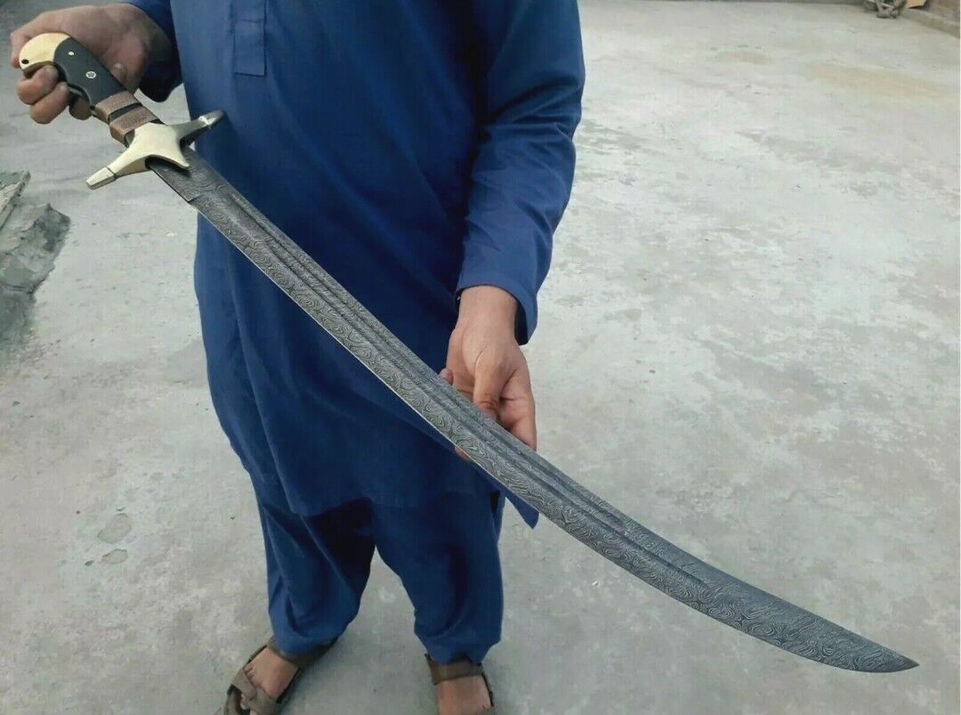 Handmade Damascus Steel Islamic Zulfiqar Sword, Shamshir With Leather Sheath