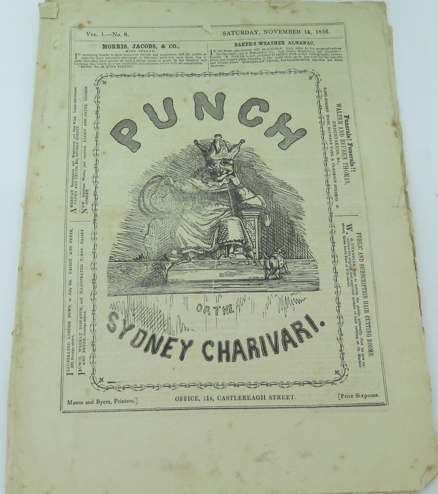 SUPER RARE 1856 Vol 1. No 8. Punch or the Sydney Charivari Newspaper / Magazine