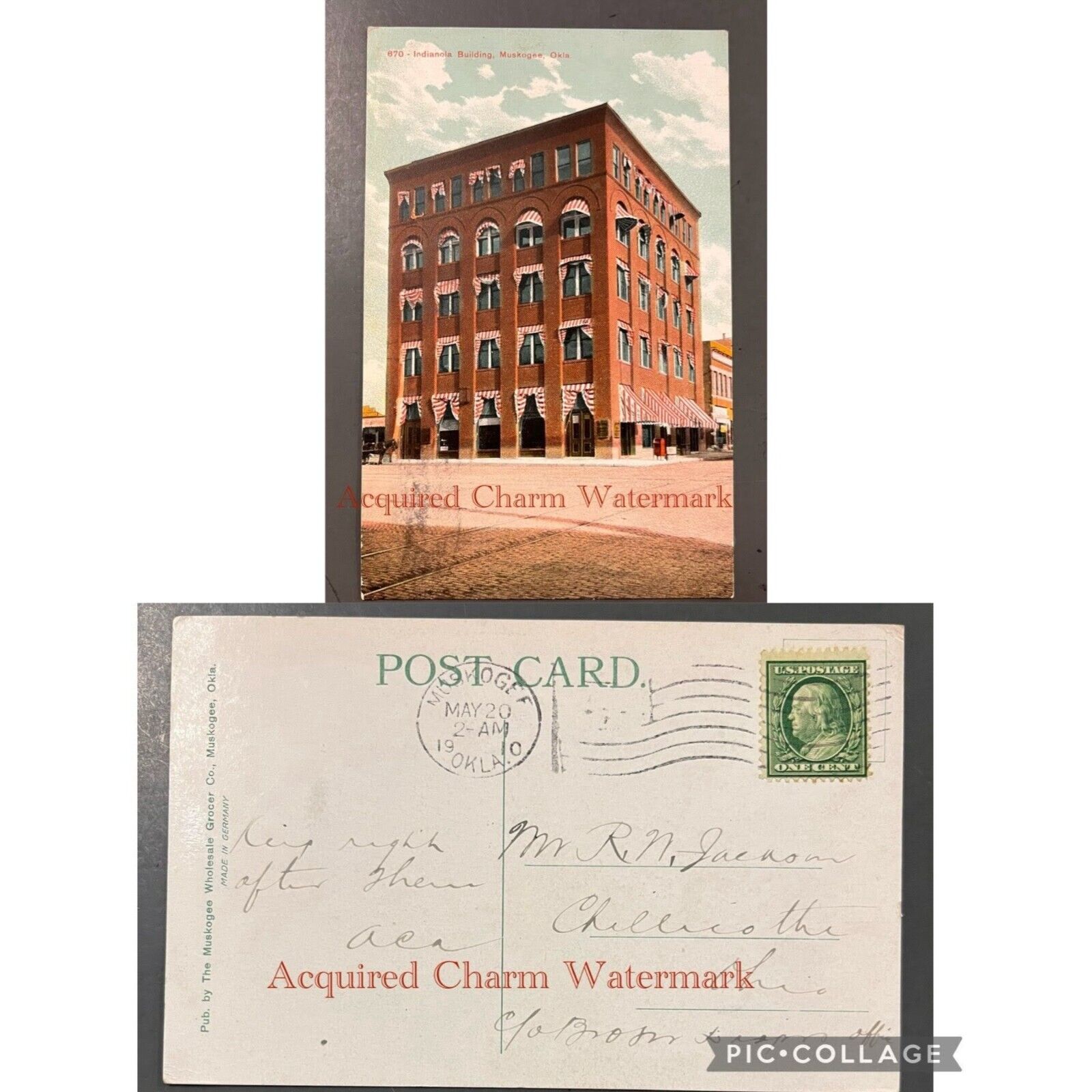 Antique Postcard, 670-Indianola Building, Muskogee, Okla. May 20, 2 AM, 1910