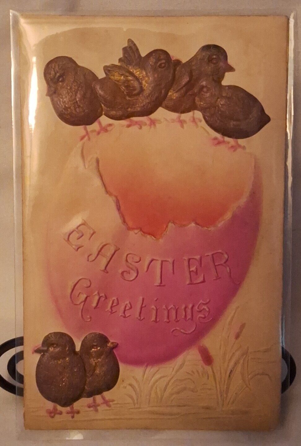  Easter Vintage, chicks hatching from egg, cattails, old foil, heavily embossed