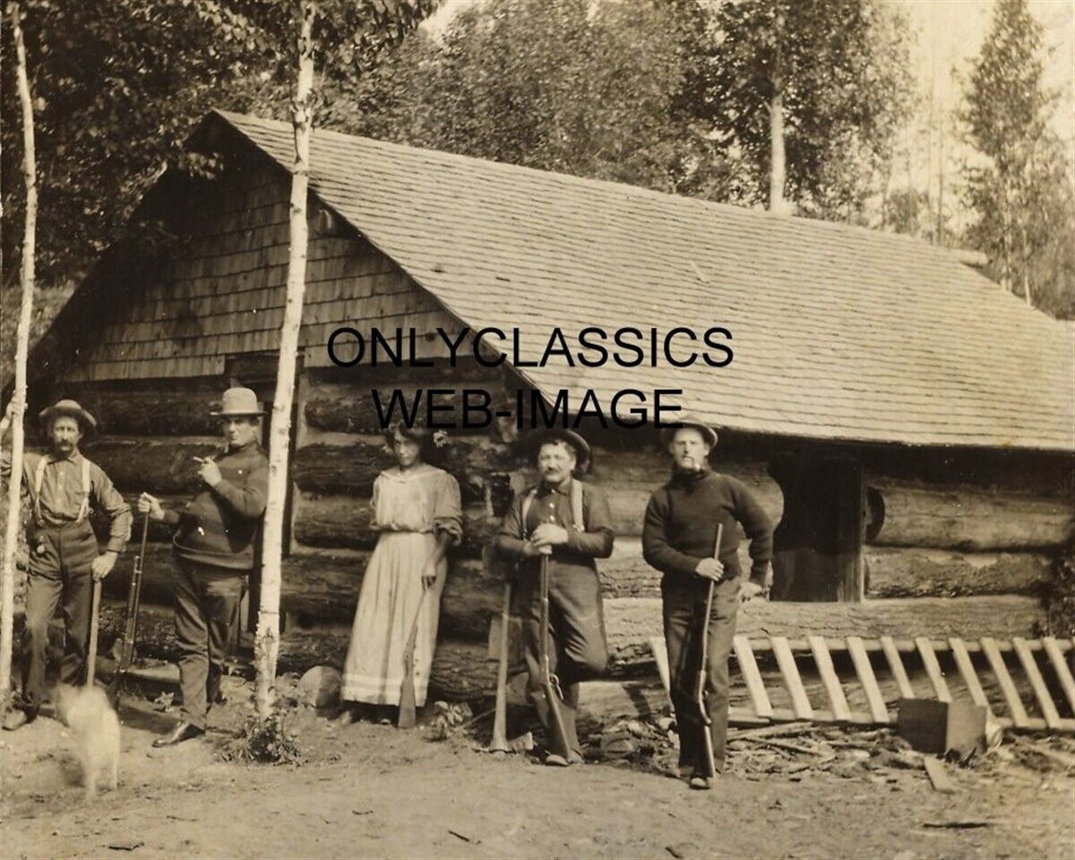 1907 AMERICAN FRONTIER 8X10 PHOTO WINCHESTER RIFLES LOG CABIN WESTERN COWBOYS