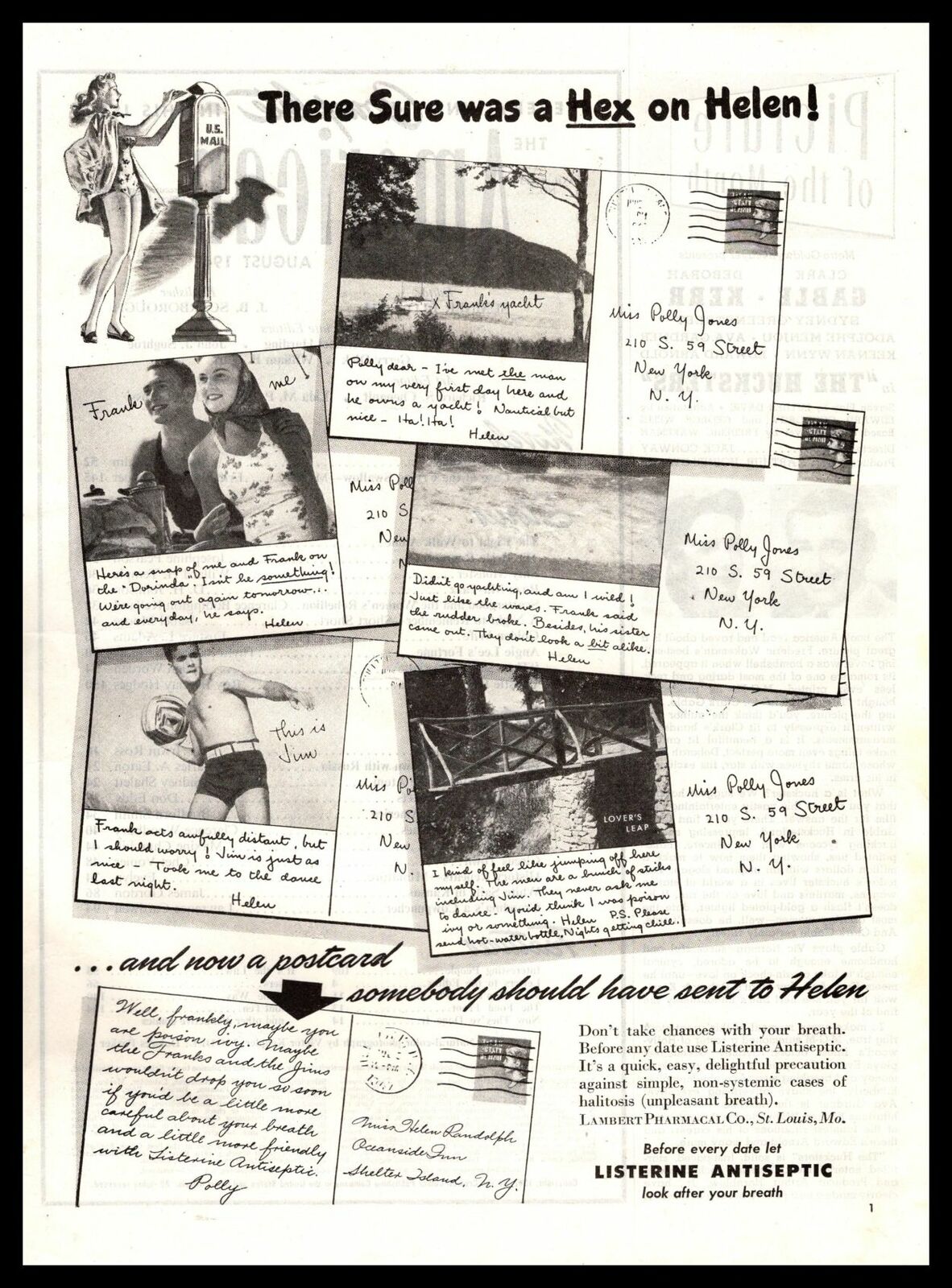 1947 Listerine Antiseptic Bad Breath Summer Beach Vacation Vintage Print Ad