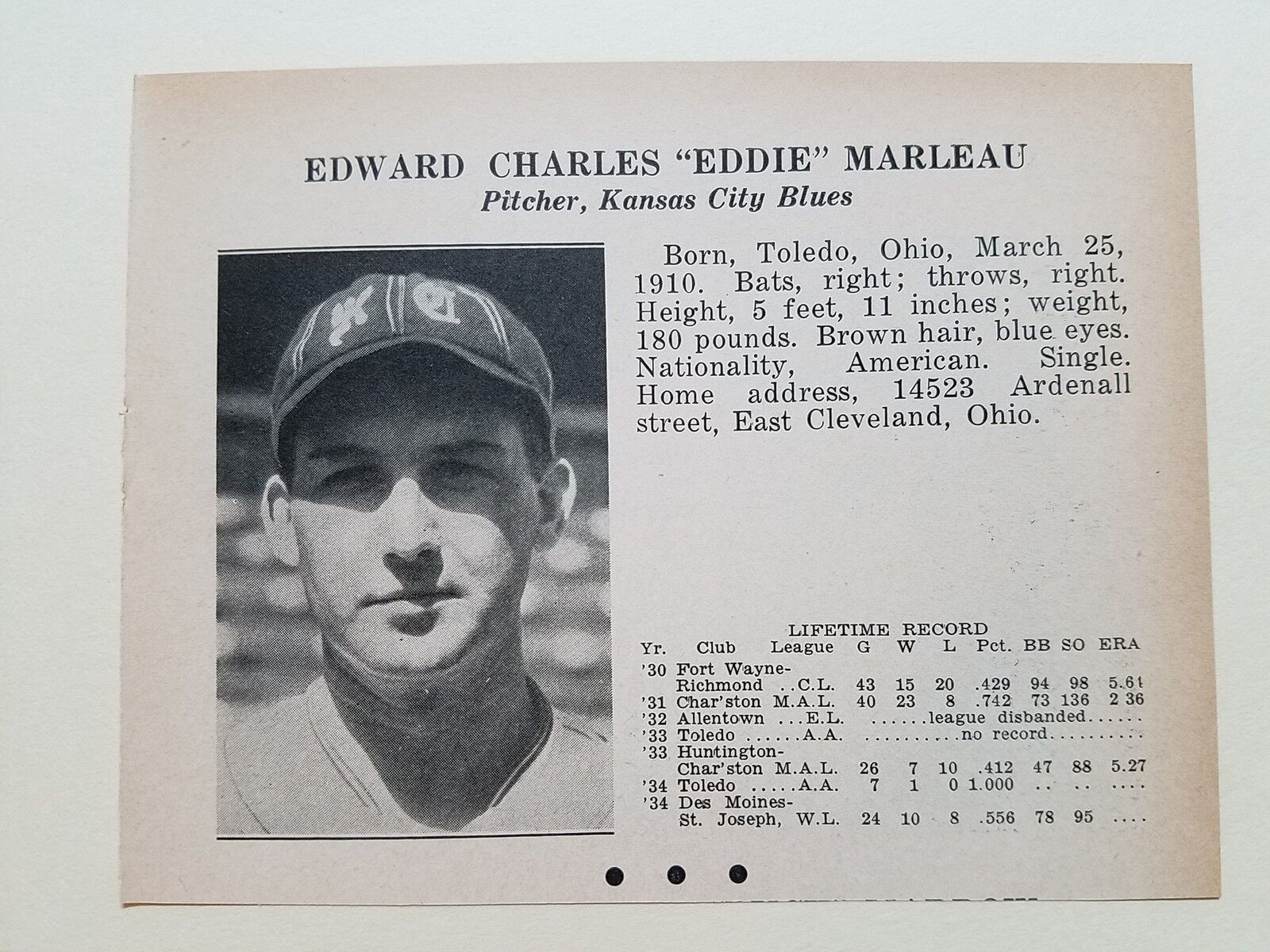 Charles Marleau & Doc Marshall Milwaukee Brewers 1935 Scrapbook Card