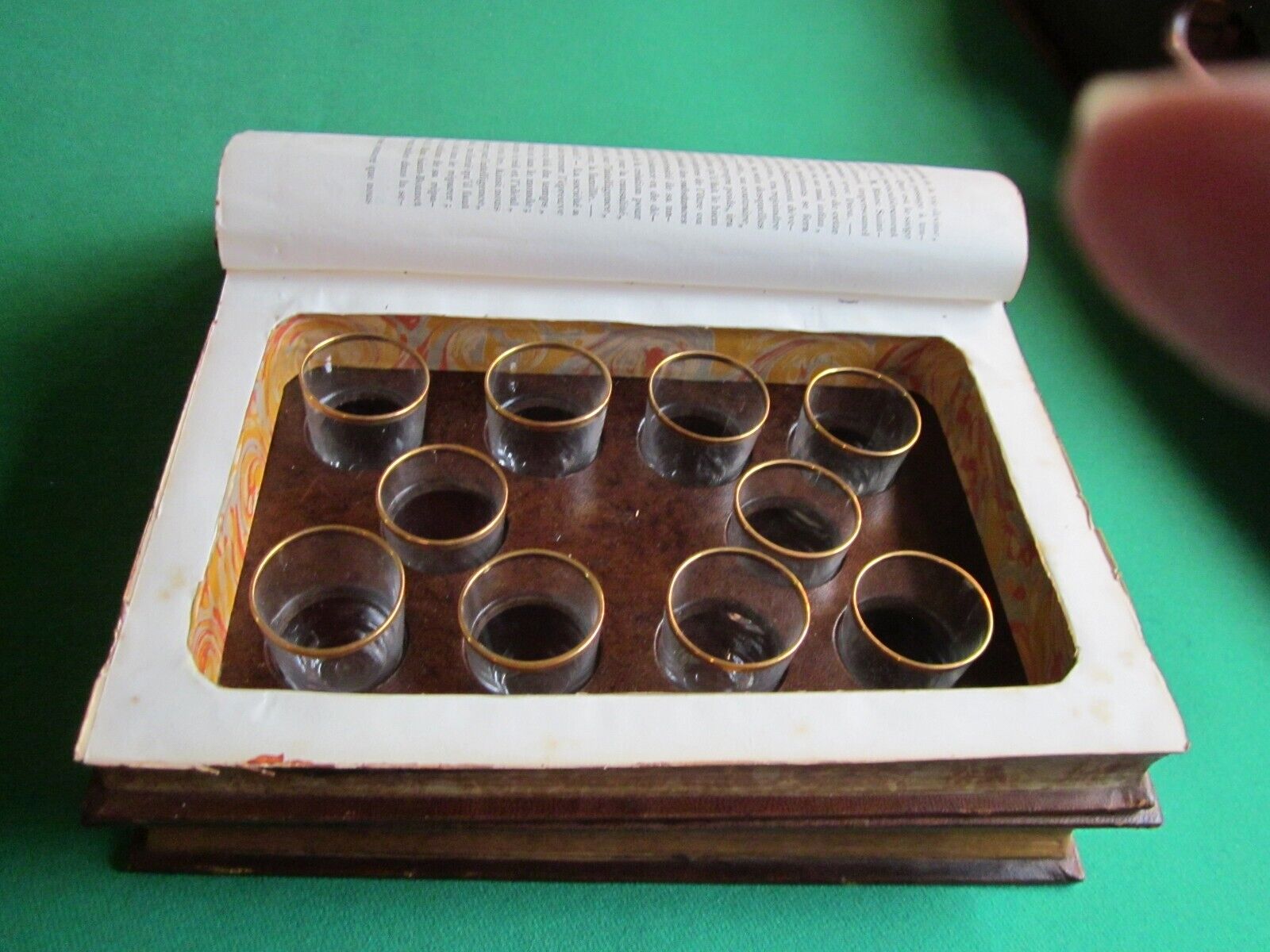 Antique French Cordial Glasses in Fitted Leather Book Shaped Box