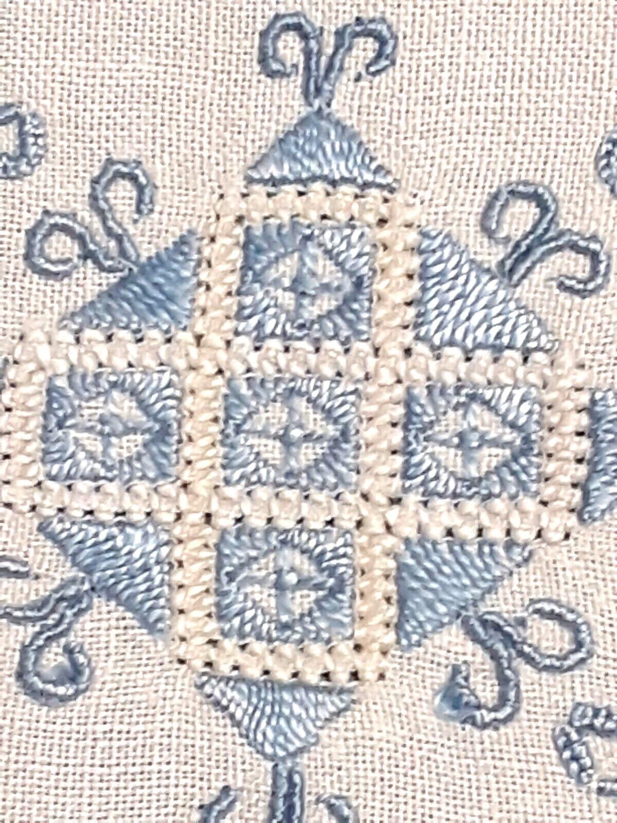 Vtg Runner White Linen Periwinkle Blue Embroidered Squares in Square  33