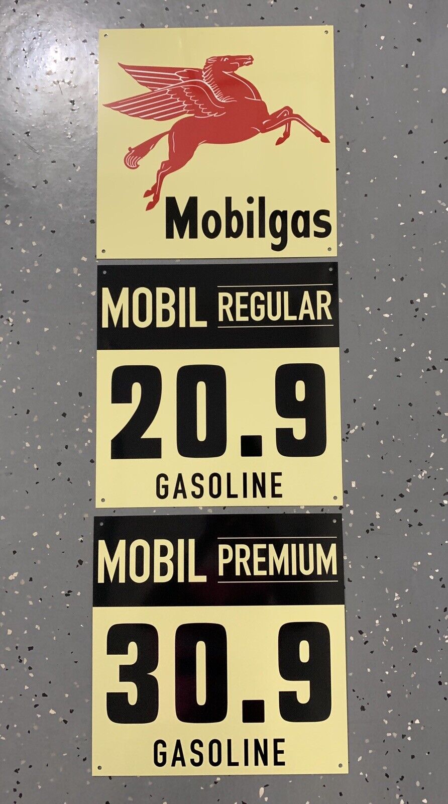 Mobilgas Mobiloil Gasoline Mobil Oil 3 piece vintage Style Sign Gas Station