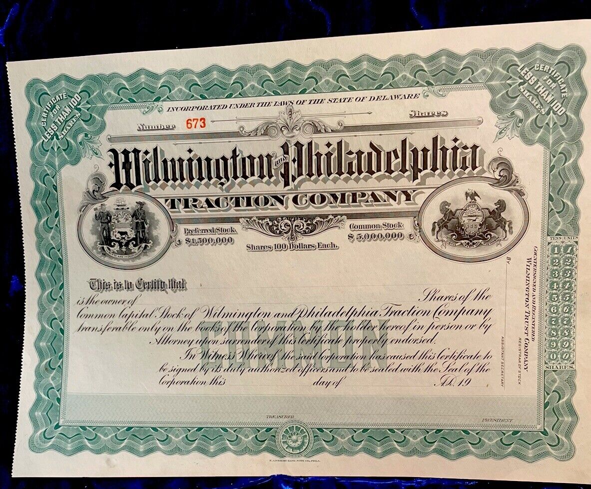 19- - Wilmington & Philadelphia Traction Co. Railroad Stock Certificate. Green