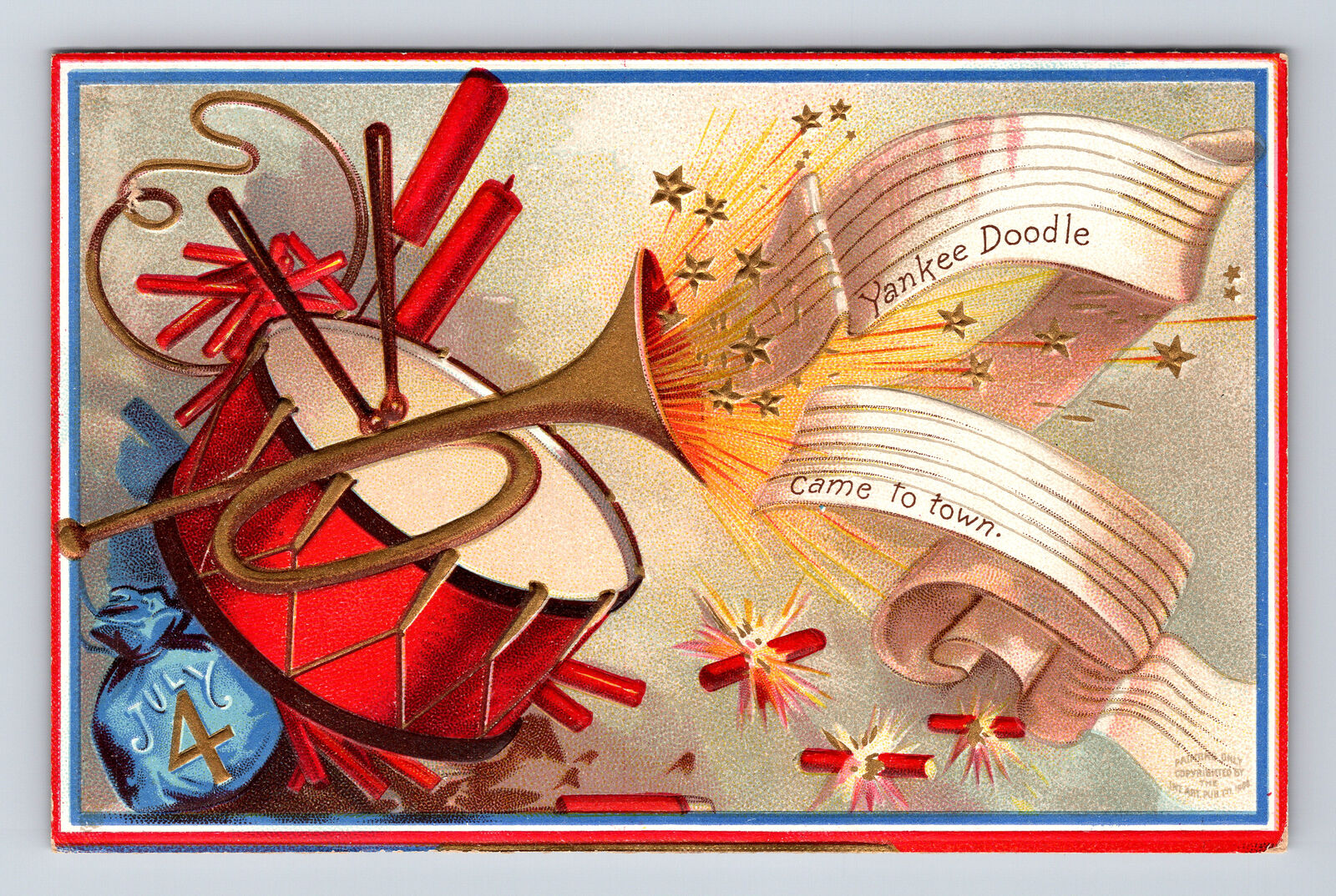 Fourth of July Yankee Doodle Bugle Drum Fireworks IAPC Postcard