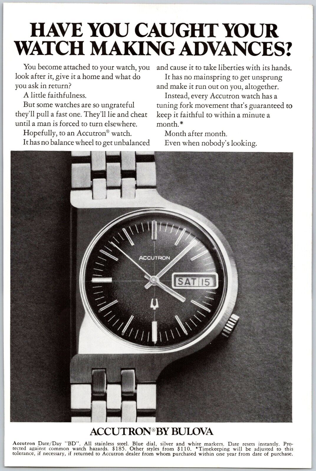 1972 Bulova Accutron Watch Faithful To Within A Minute A Month Print Ad
