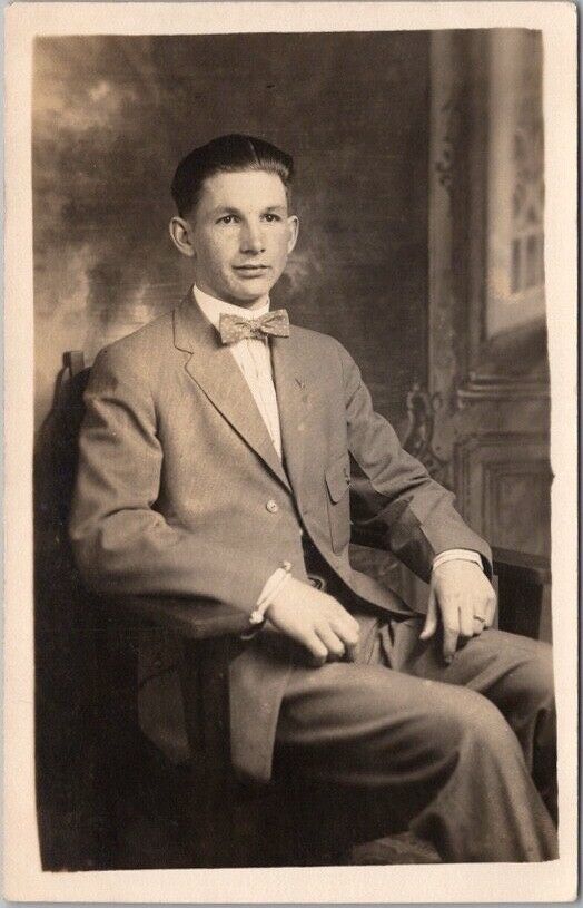Vintage 1910s Real Photo RPPC Postcard Young Man in Suit / Studio Portrait