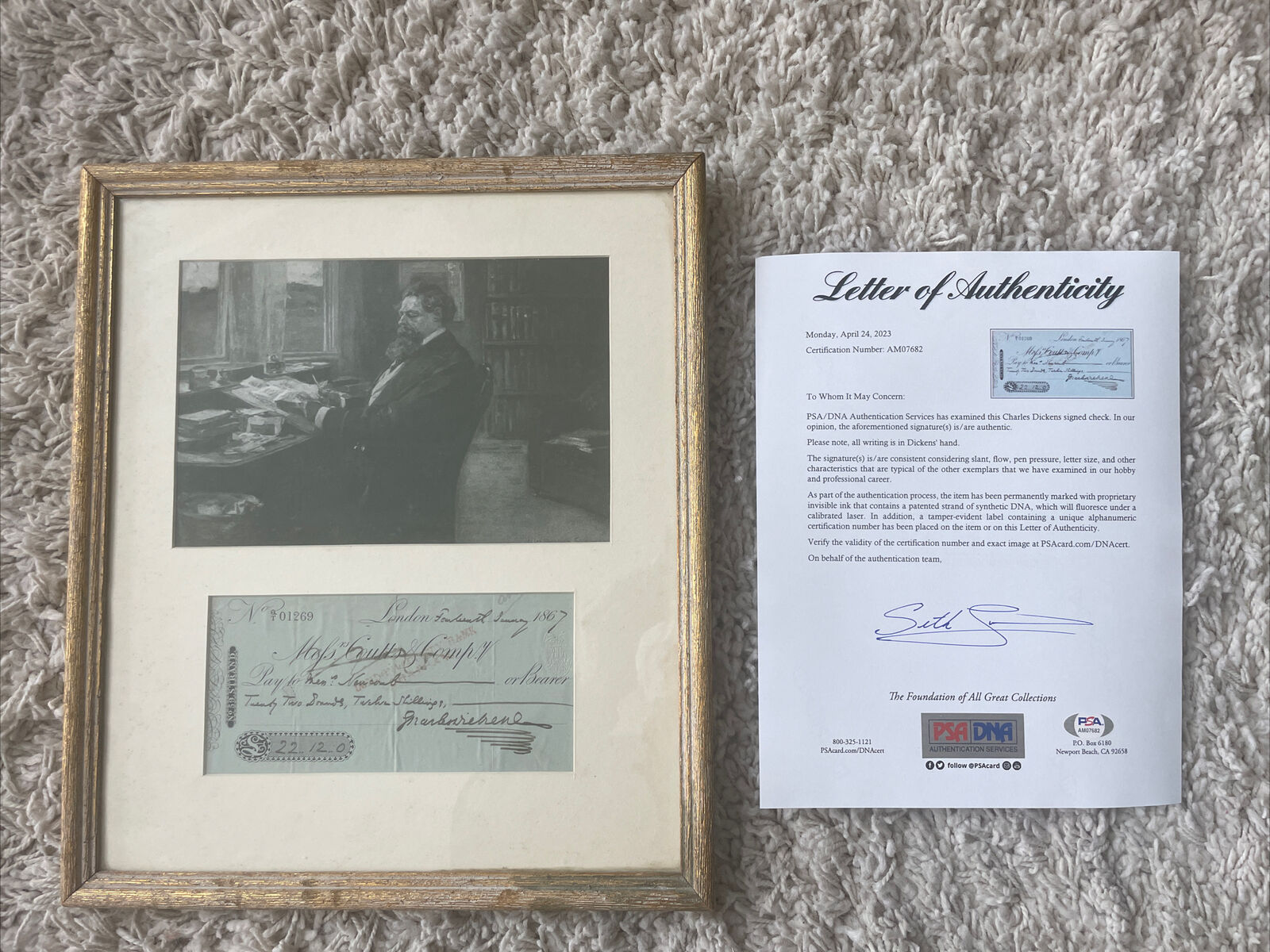 Charles Dickens Handwritten Signed  1867 Check With Matted Framed Photo PSA LOA
