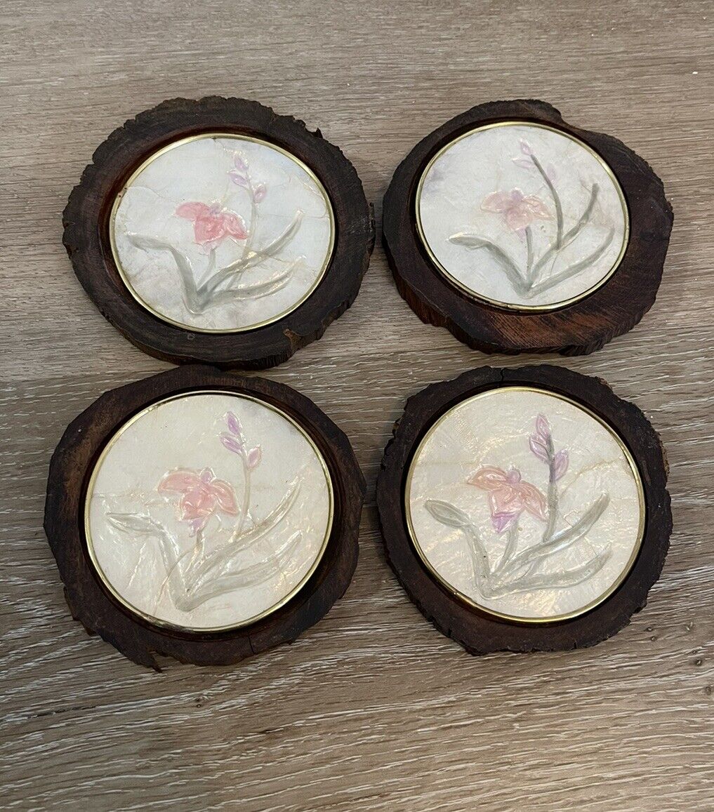 Vintage Set Of 4 Wooden Coasters With Mother Of Pearl Inlay Hand Made Thailand