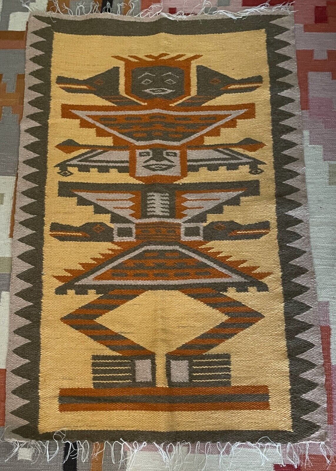 VTG Mexican Mayan Zapotec Wool Rug Wall Hanging Warrior With Animal 26x39