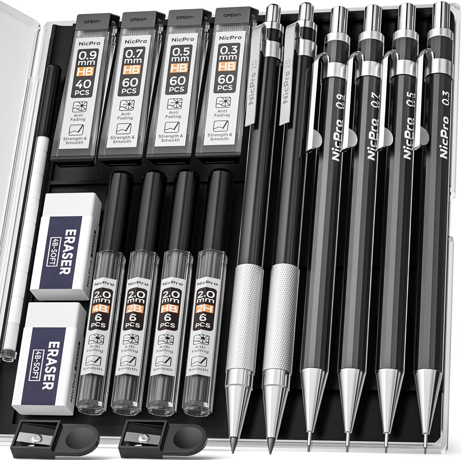 6 PCS Art Mechanical Pencils Set, Black Metal Drafting Pencil 0.3, 0.5, 0.7, 0.9