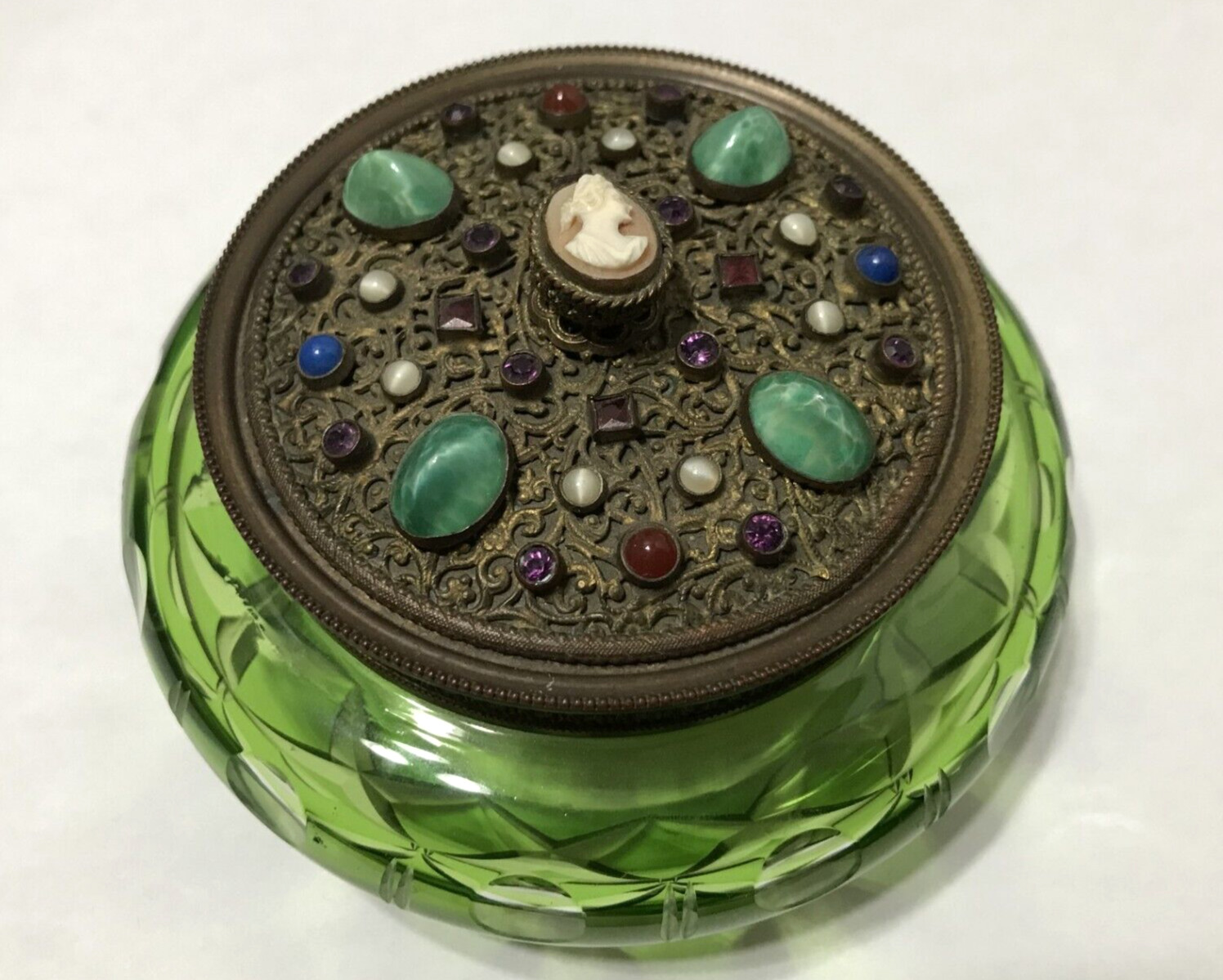 Antique Austrian Green Cut Crystal with Jeweled Filigree Lid Powder Jar