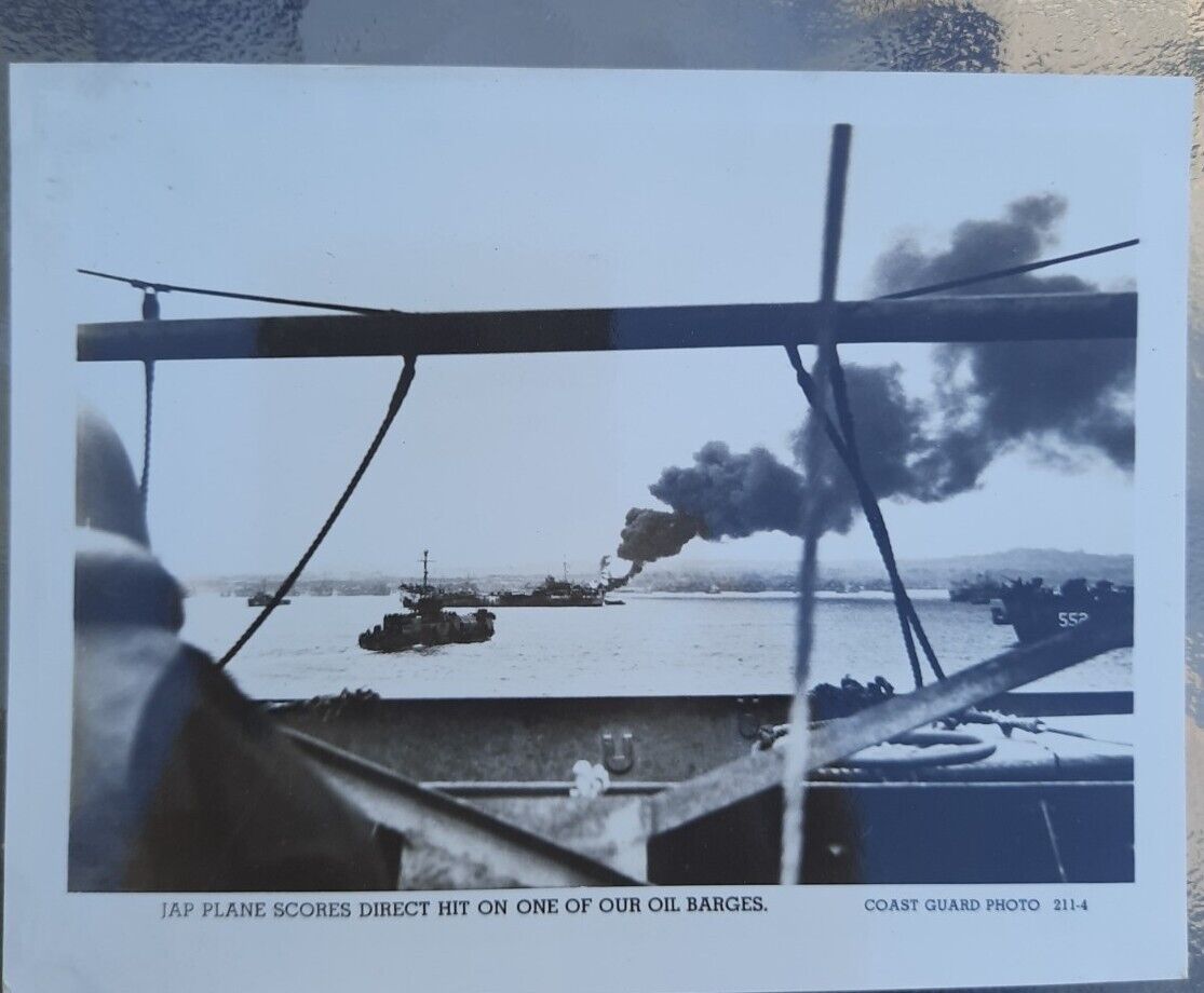 WWII 1945 US Coast Guard Official Photo Co Okinawa, oil barge hit by Japanese 