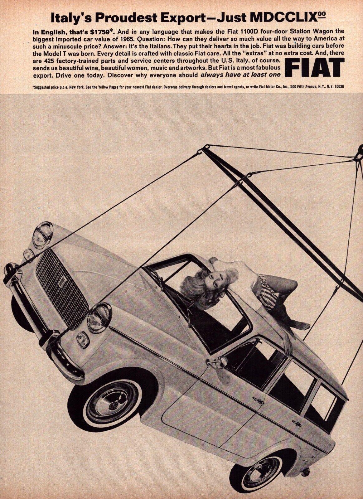 1965 Fiat 1100D Station Wagon Woman Laying on Car Advertising Vintage Print Ad