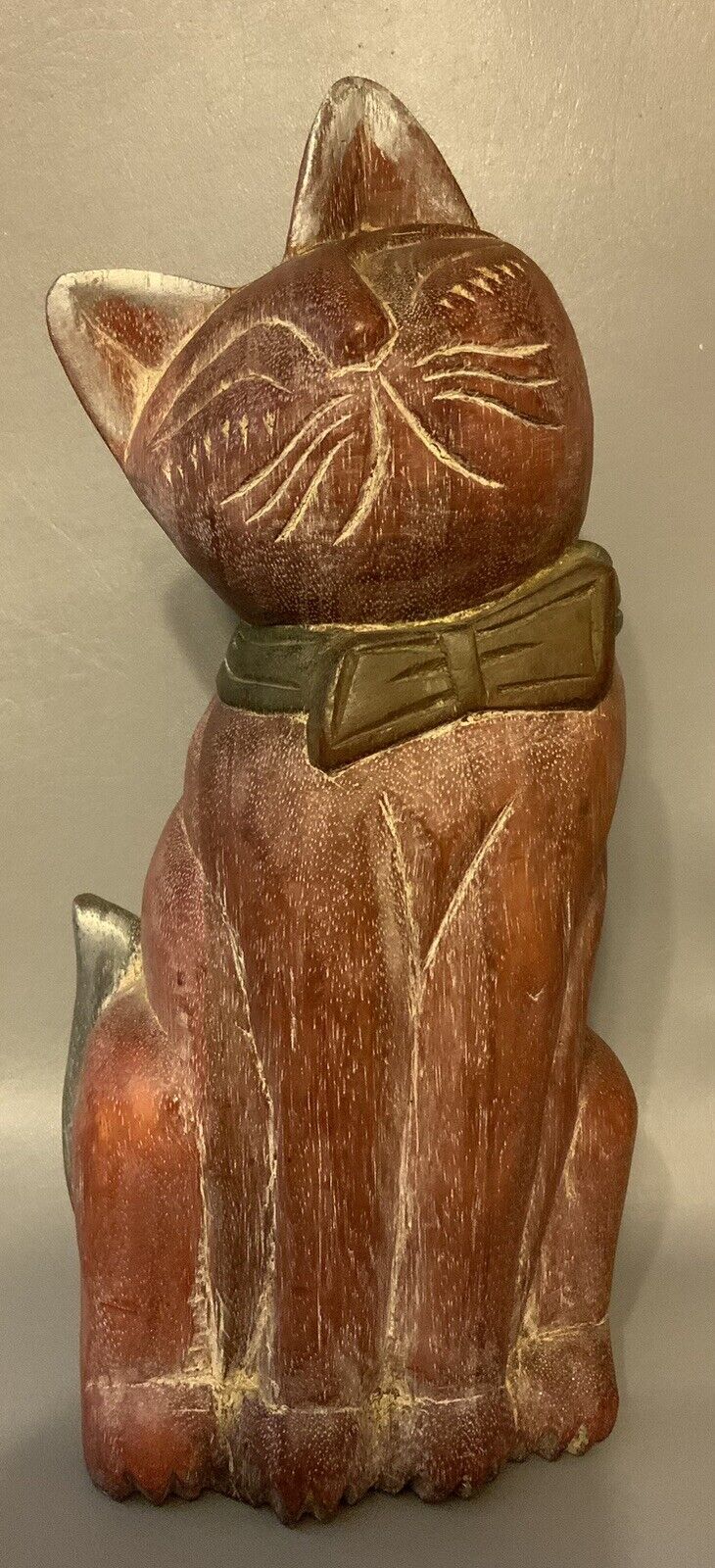 Vintage Wooden Cat with BowTie Made in Thailand 