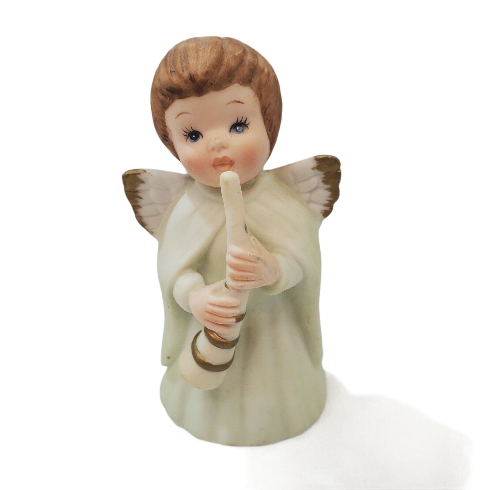 Vintage Lefton China ANGEL playing Horn Bisque Figurine White Cloak Gold Wings