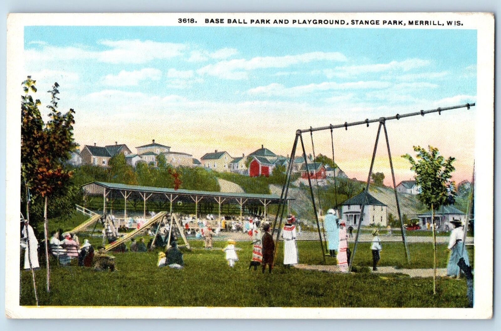 Merrill Wisconsin WI Postcard Baseball Park Playground Stange Park c1940 Vintage