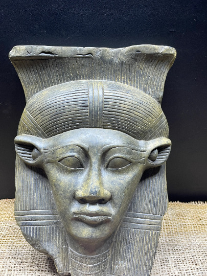 Egyptian Goddess Hathor head statuette made from stone, Goddess Hathor Artifact.