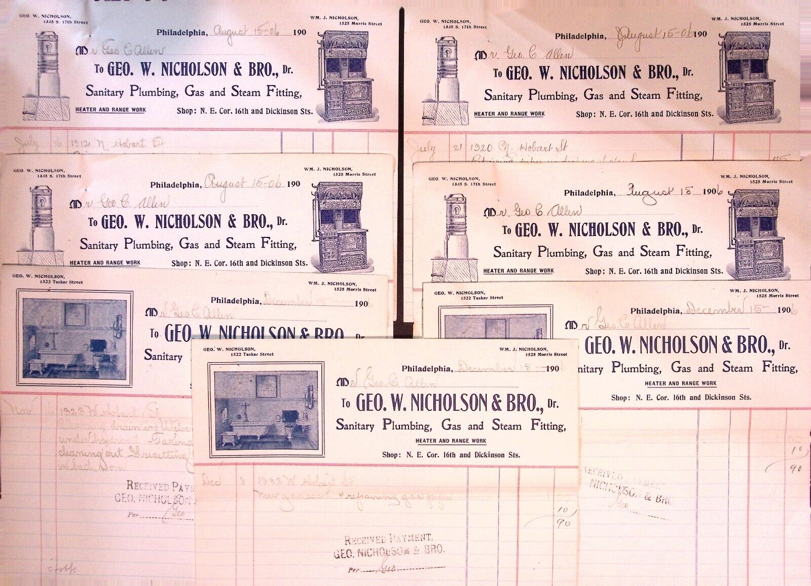 Geo W Nicholson & Bro Plumbing Gas Steam Invoices 1906 Philadelphia PA