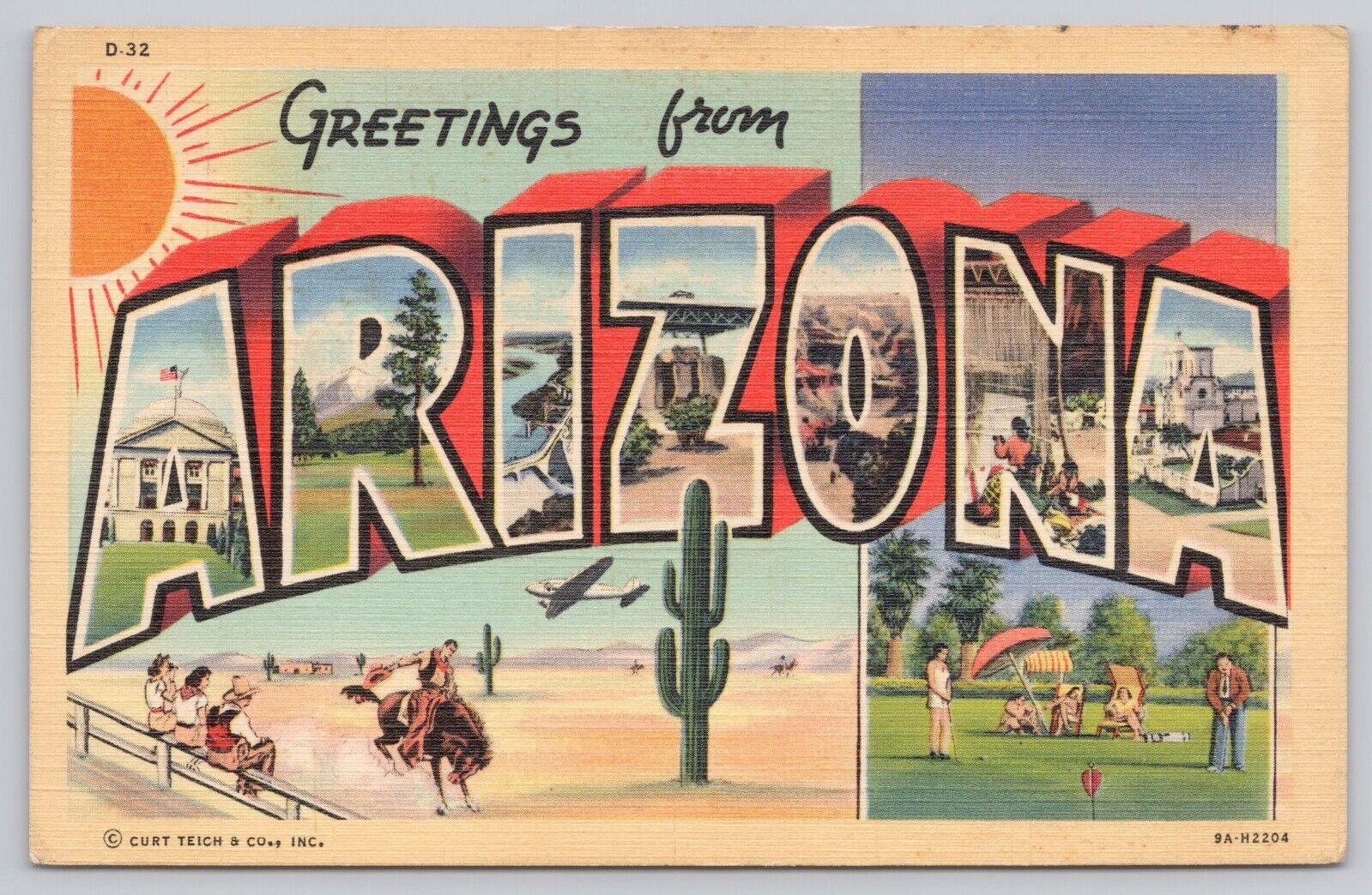Arizona, Large Letter Greetings, Sunshine Desert Cowboy Cactus, Vintage Postcard