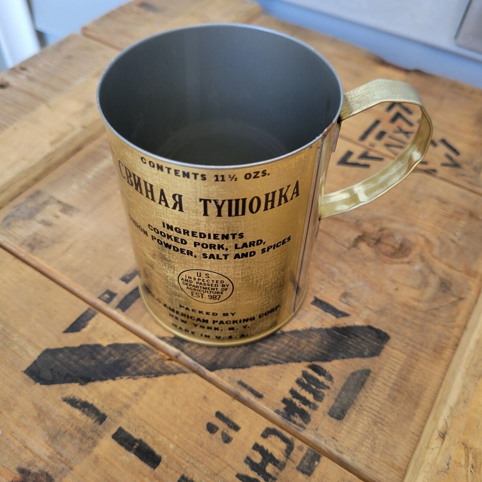 REPRODUCTION Soviet Lend -Lease Tushonka can mug