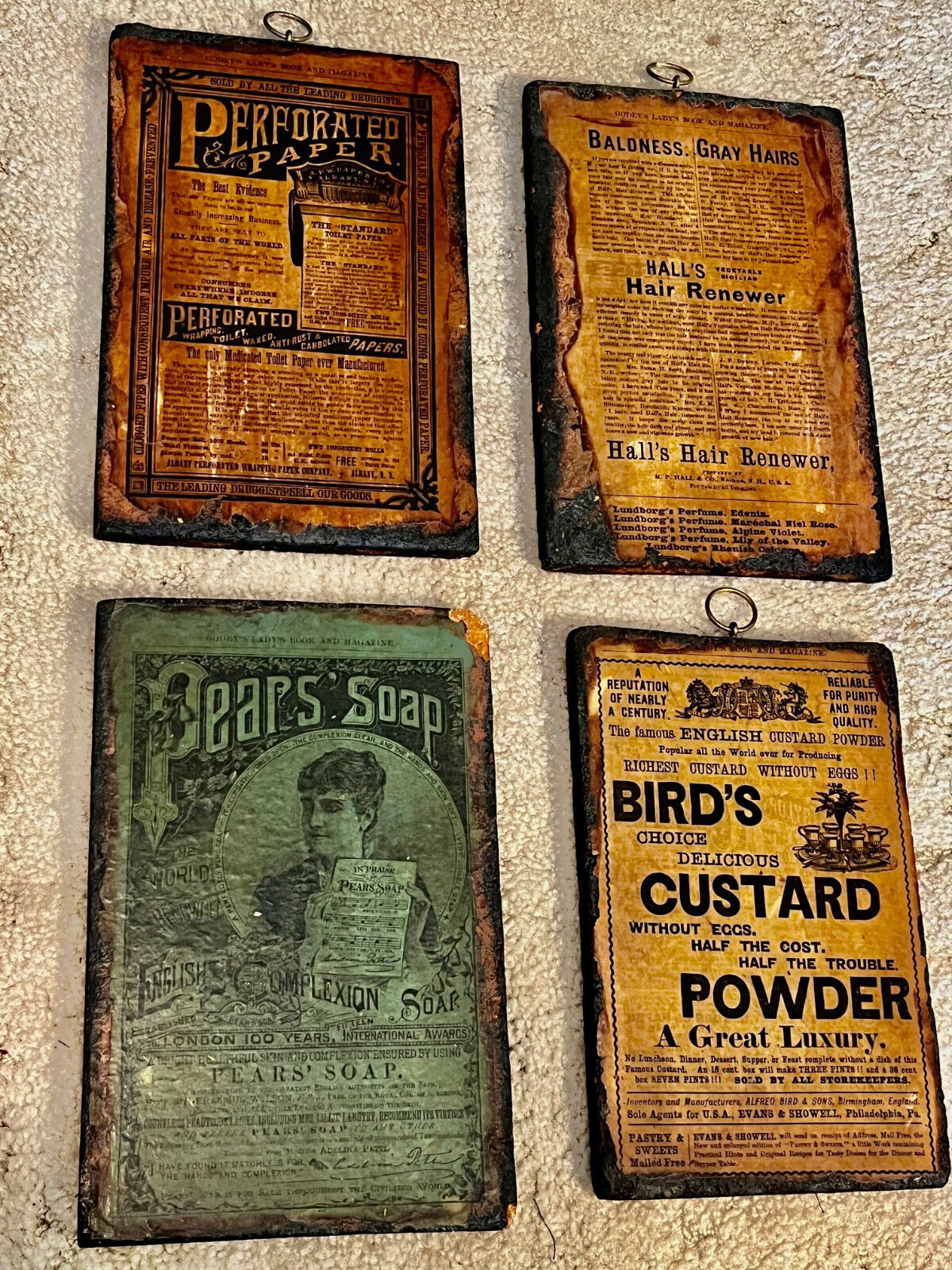 4 Wood Wall Plaques Godey's Lady's Book 1870s Original Ads Decoupaged Vtg 1976