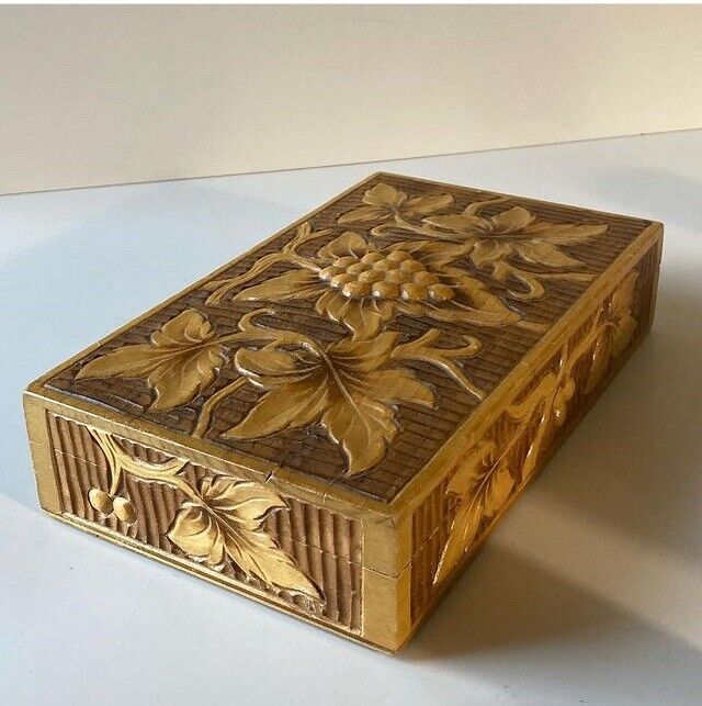 Vintage Hand Carved Wood Jewelry Box Trinket Cigars Grapes On Vine Inlay Boho