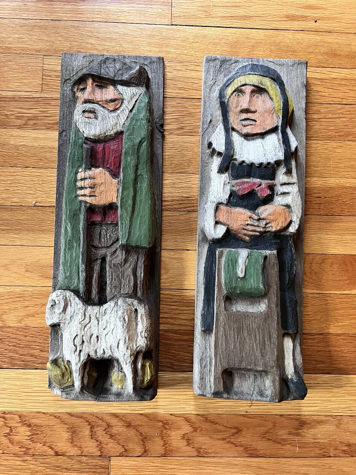 Vintage Pair Handmade  Hand Painted Peasant Couple Wood Carving Wall Art