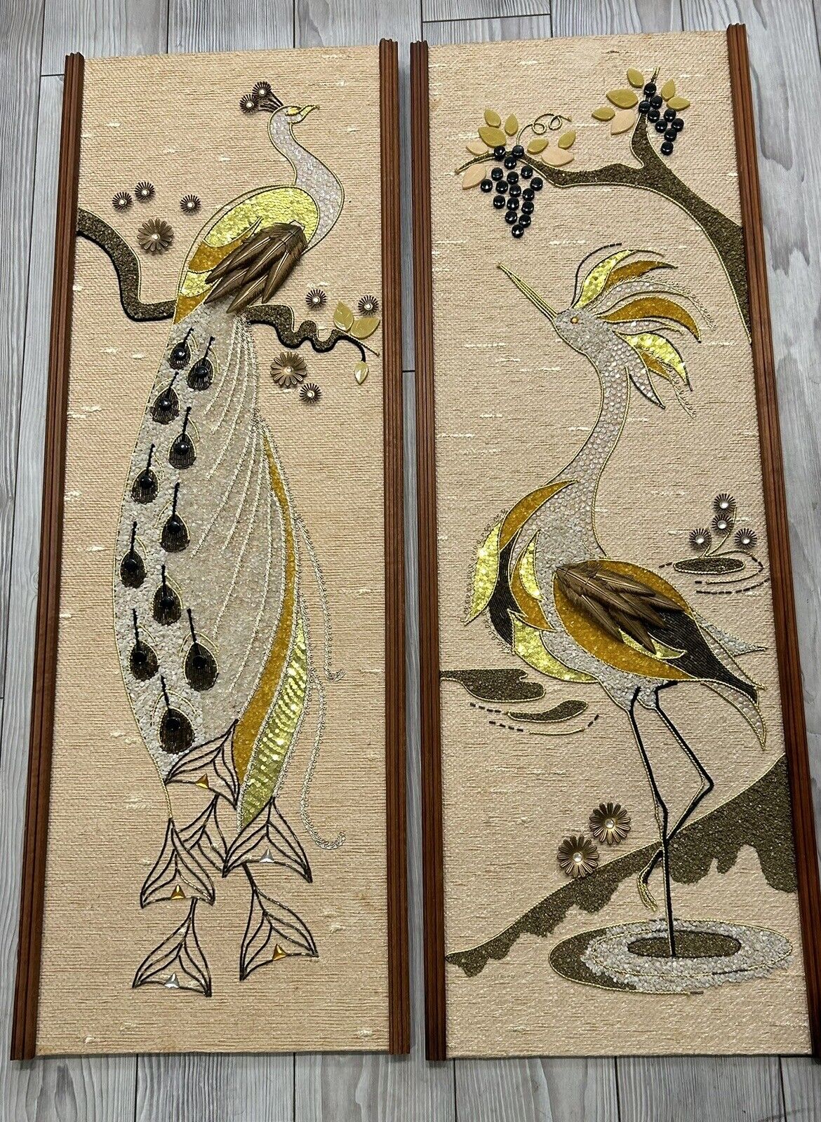 Vintage MCM Peacock & Heron Sequin Beads And Jewelry Framed Pictures 36”x 12”