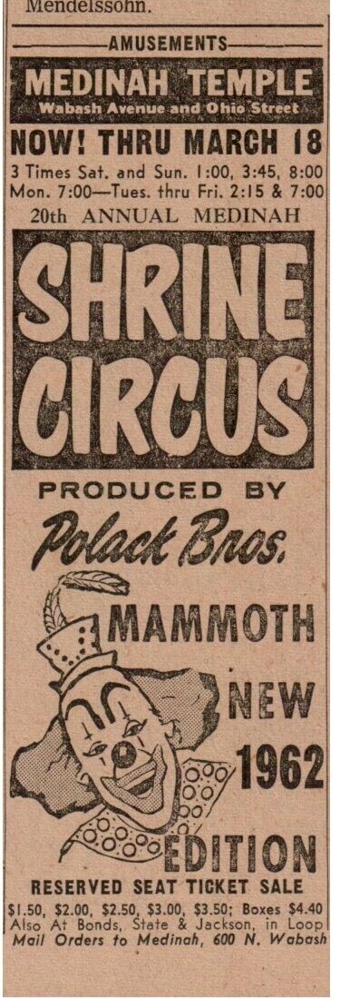1962 Shrine Circus Medinah Temple Polack Bros. Chicago Newspaper Print Ad 5.5x2\